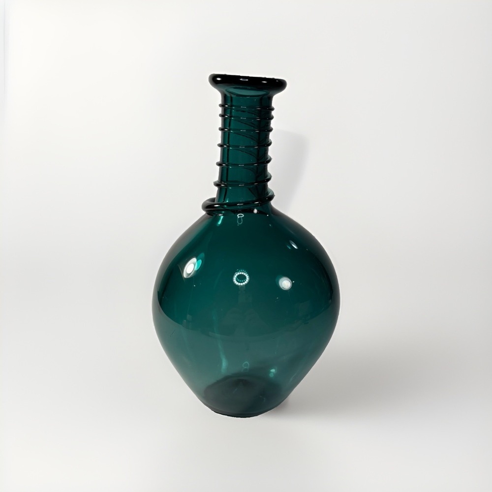 Blue Hand Blown Glass Vase with Coiling Spiral Swirl on the Stem 8.5"